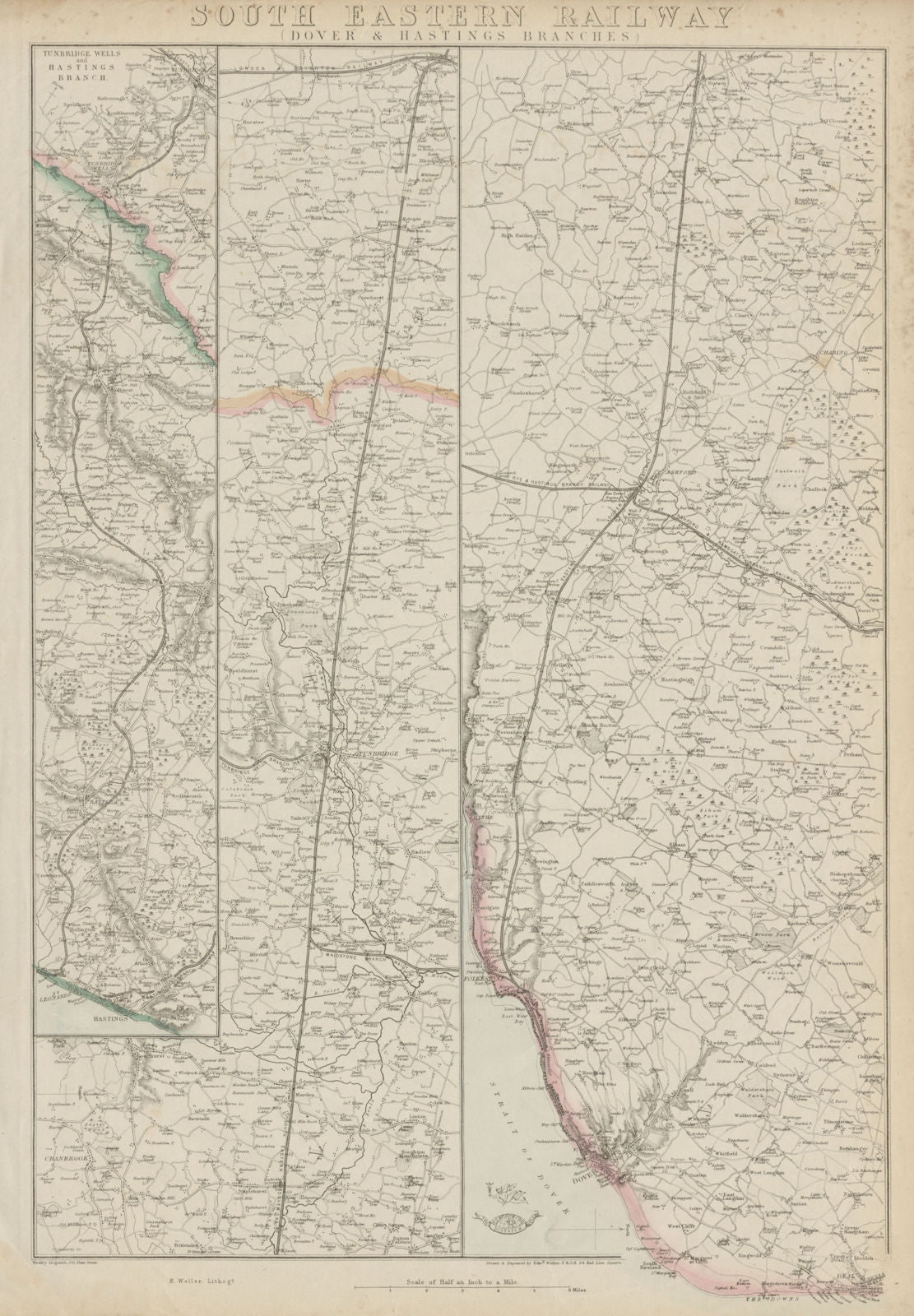 SOUTH EASTERN RAILWAY. Dover & Hastings Branches. Tunbridge. WELLER 1862 map